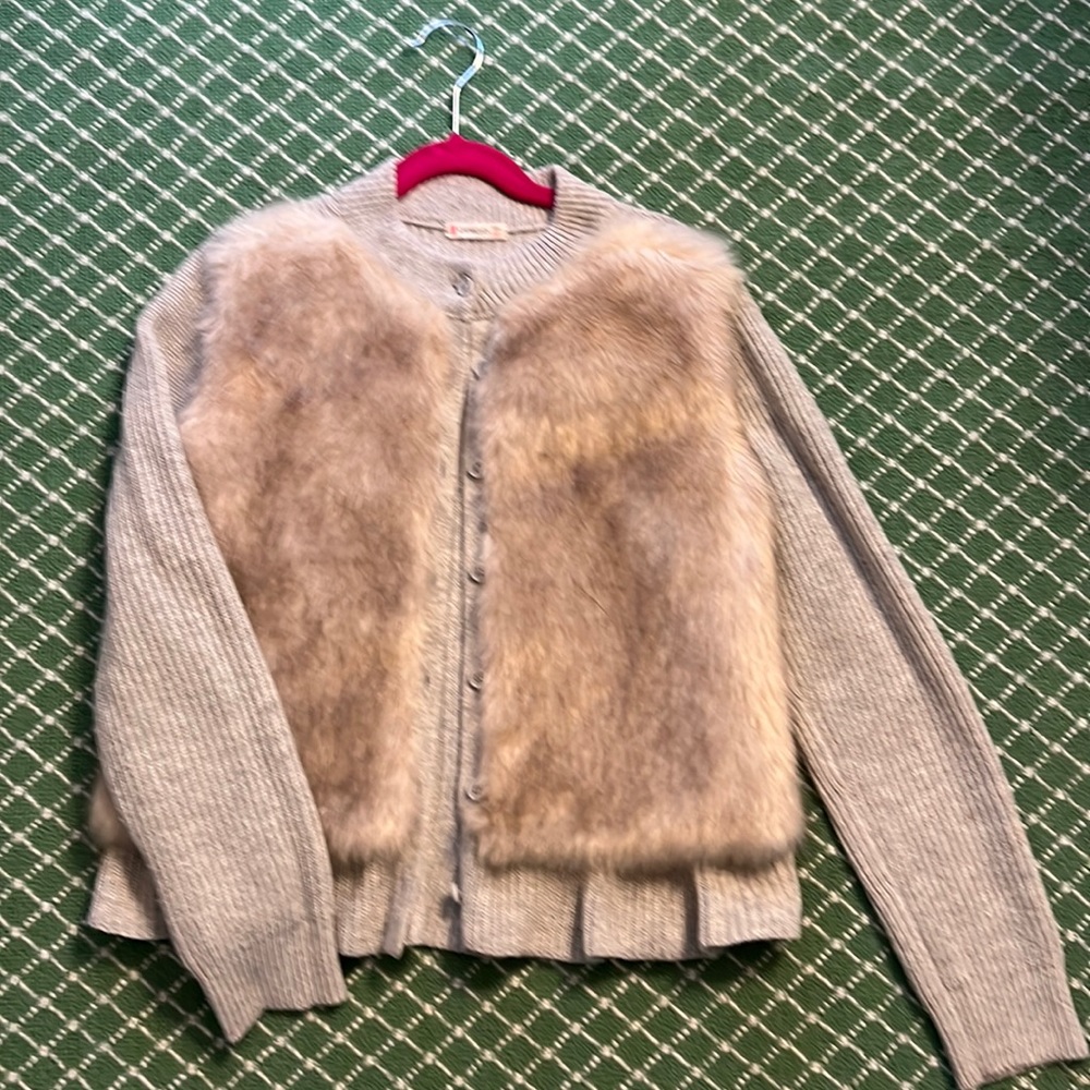 Crewcuts button sweater, gray/beige/gray faux fur front, ruffle bottom size 12